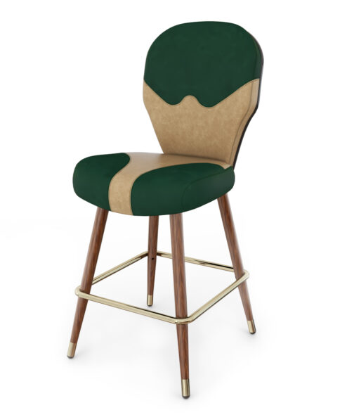 Tango live gaming seating with four wooden legs, green and beige leather upholstery