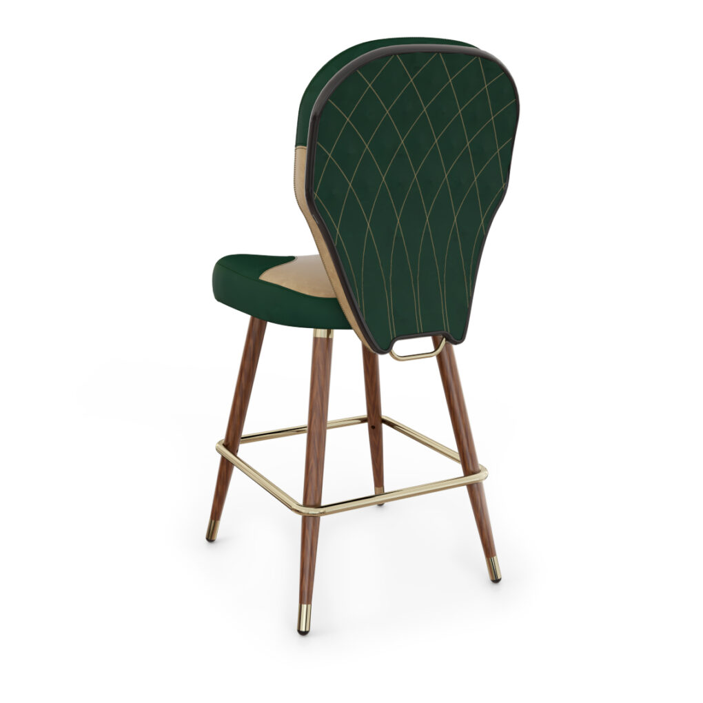 Tango live gaming seating with four wooden legs, green and beige leather upholstery