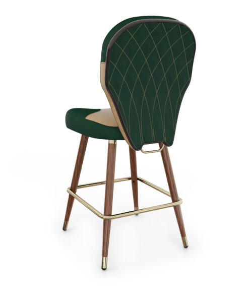 Tango live gaming seating with four wooden legs, green and beige leather upholstery