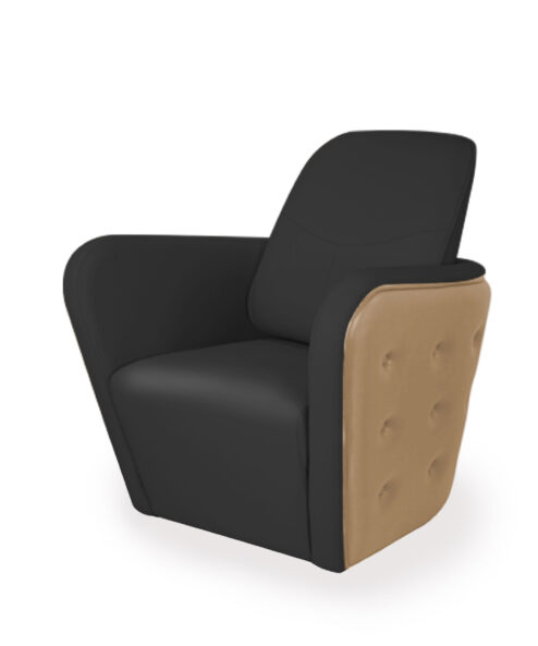 Roma armchair, black and brown upholstery, button plated